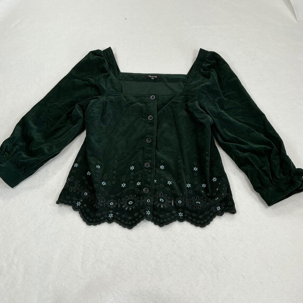 Madewell Green Corduroy Eyelet Scalloped Hem Button Front Blouse Top S 1760
